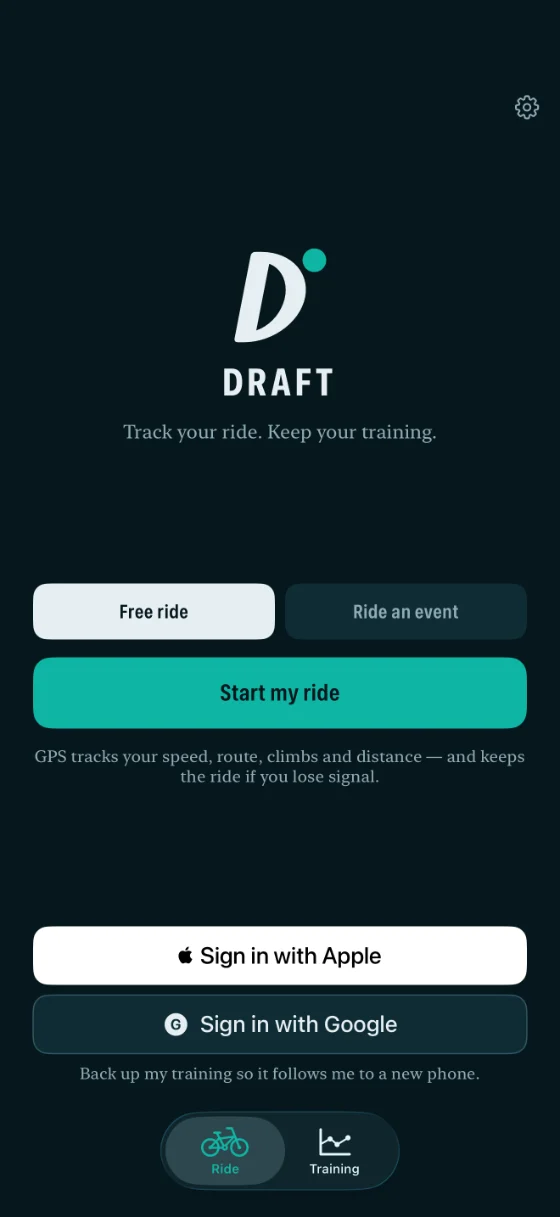 The DRAFT start screen: a single Start my ride button under the DRAFT mark.